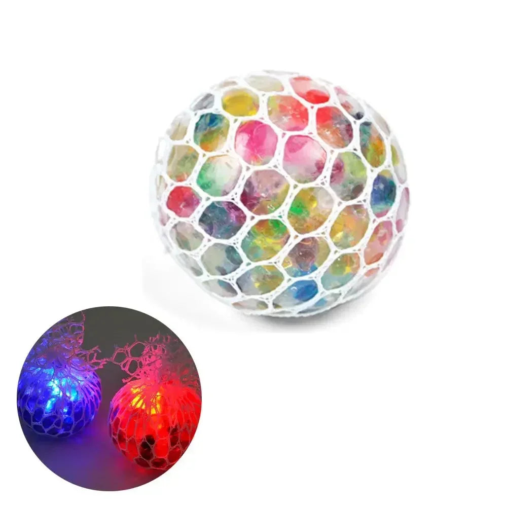 A close-up view of a sphere filled with colorful water beads used as a sensory fidget toy.