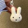 A white, fluffy Miffy cartoon rabbit keychain pendant is being held by a hand.