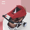 A red universal baby stroller sun shade canopy is shown in a light pink background.
