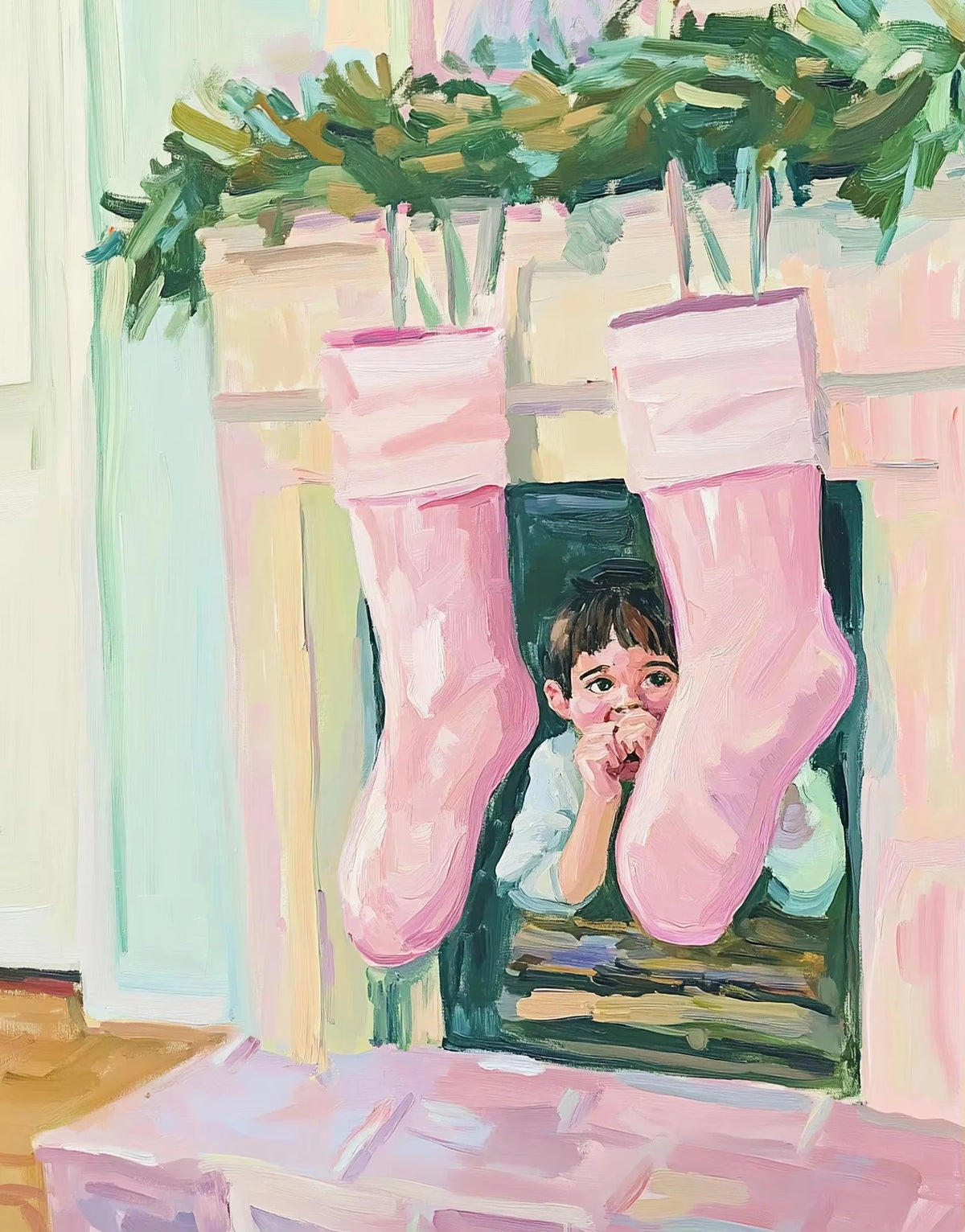 A pair of pink boots are displayed hanging on a wooden shelf, with green foliage in the background.