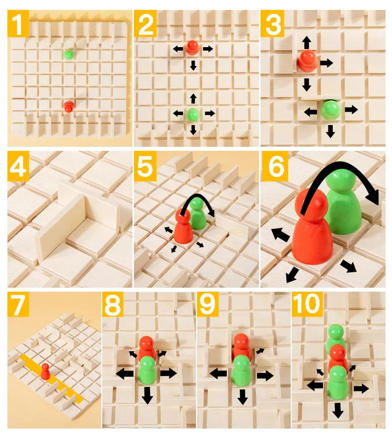 Ten steps demonstrating how to play a wooden strategy chess game for brain training with colored pieces.