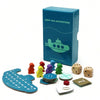 A blue box labeled Deep Sea Adventure with various game components including a wooden map and dice
