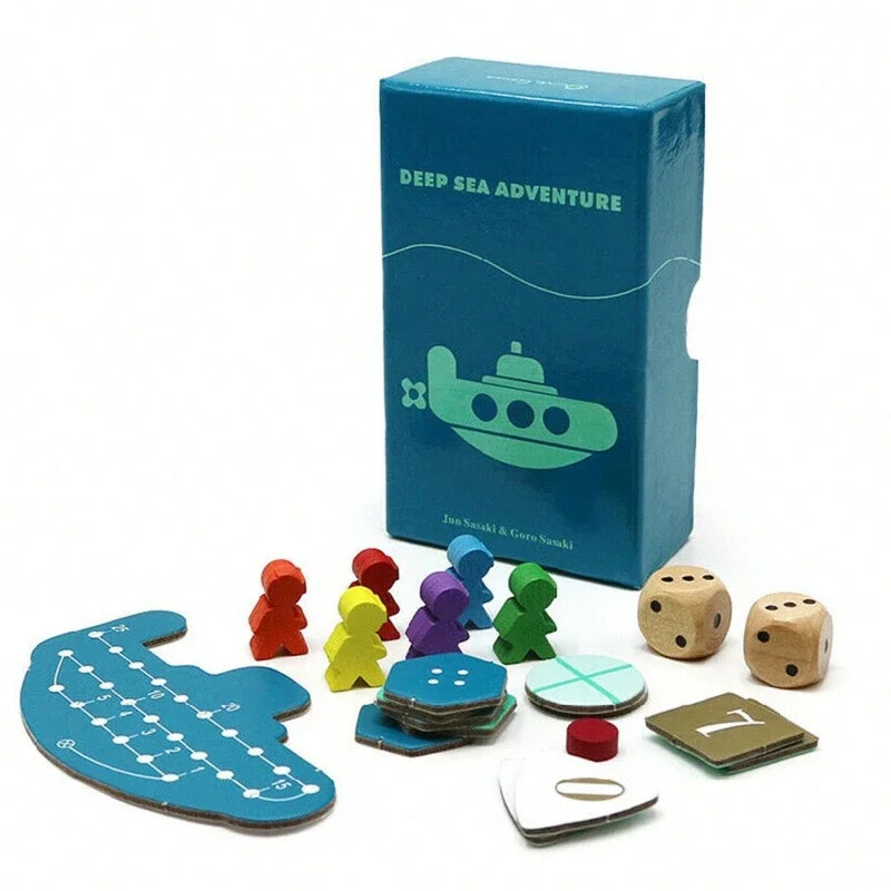 A blue box labeled Deep Sea Adventure with various game components including a wooden map and dice