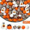 A collection of 25 silicone beads shaped like pumpkins and ghosts for jewelry and crafting.