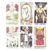 A collection of six tarot cards featuring figures like Temperance, The World, The Devil, Judgment, The Tower, and Justice.