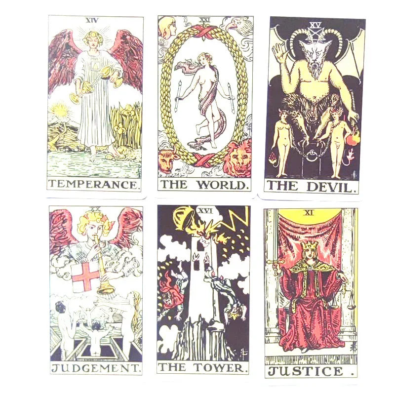 A collection of six tarot cards featuring figures like Temperance, The World, The Devil, Judgment, The Tower, and Justice.