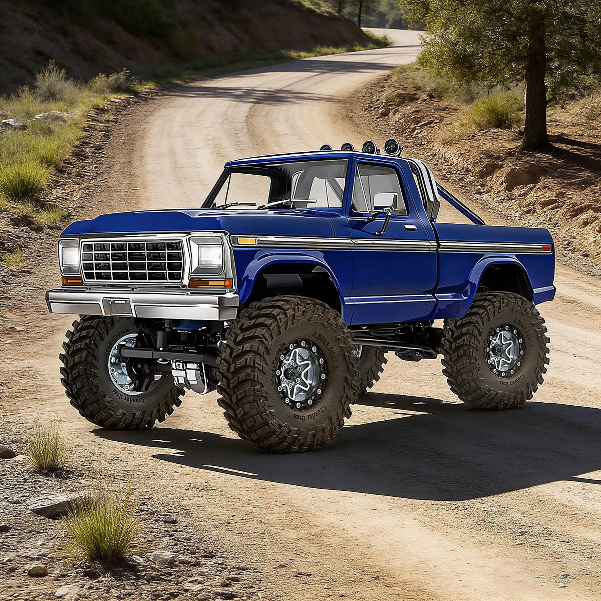 A blue Ford pickup truck is parked on a dirt road with large off-road tires.