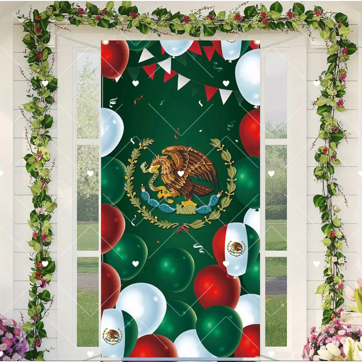 Viva Mexico door cover featuring an eagle, Mexican flag elements, and red and green balloons.