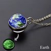 A pendant necklace featuring a miniature Earth sphere with a glow-in-the-dark effect.