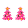 Two pink Christmas tree silicone beads with yellow stars and colorful dots for jewelry making