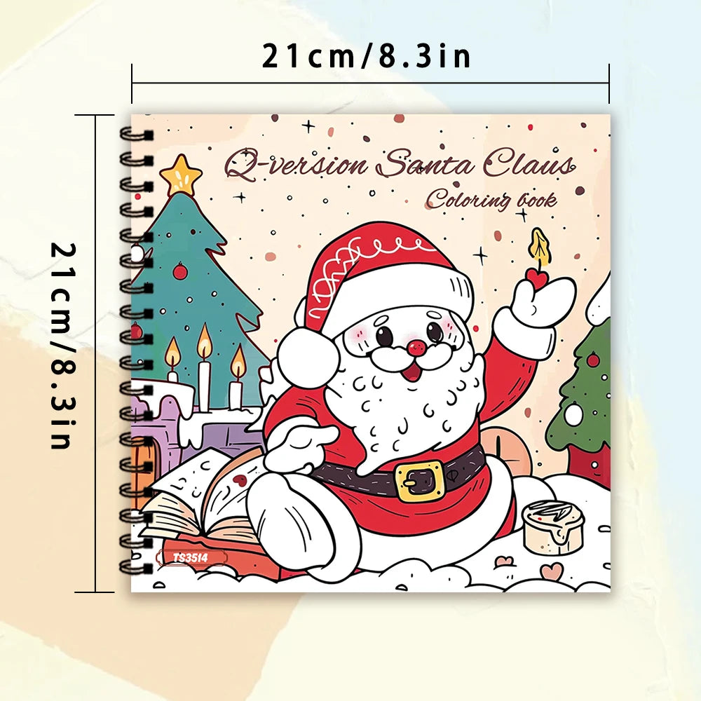 A spiral-bound coloring book featuring a Q-version Santa Claus character surrounded by Christmas elements.