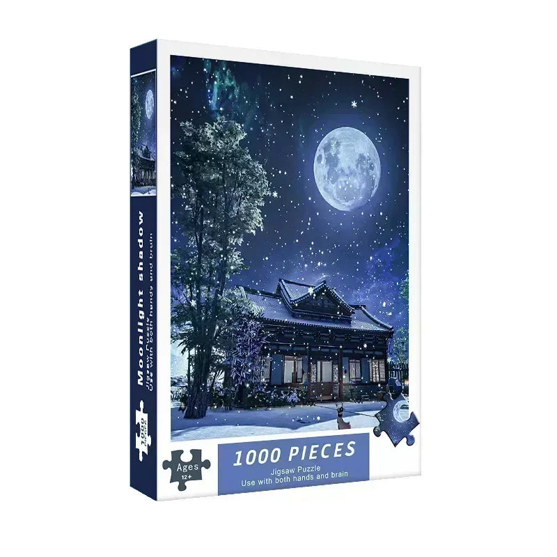 A box for a 1000-piece jigsaw puzzle featuring a night sky with a full moon and trees.