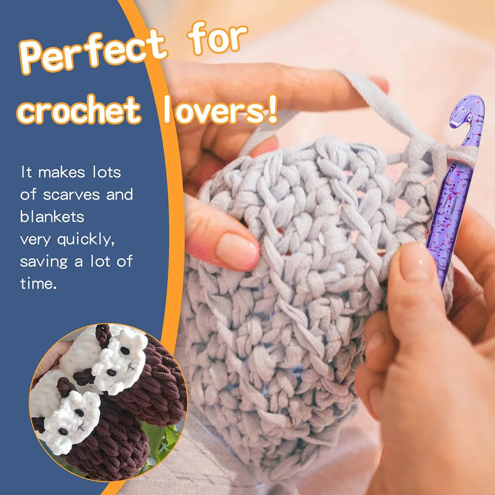 Hands are crocheting a gray scarf or blanket using a transparent crystal crochet hook set.