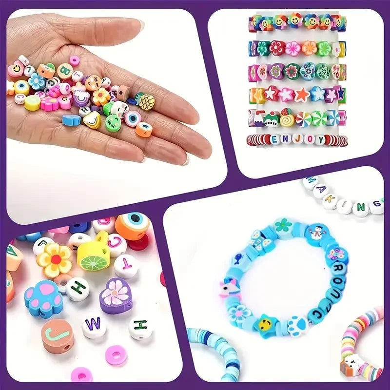 A colorful jewelry making kit featuring beads and charms, including stringed bracelets and beaded items.