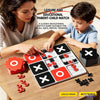 A family playing a red and black Tic Tac Toe battle game on a wooden table with pieces scattered around.