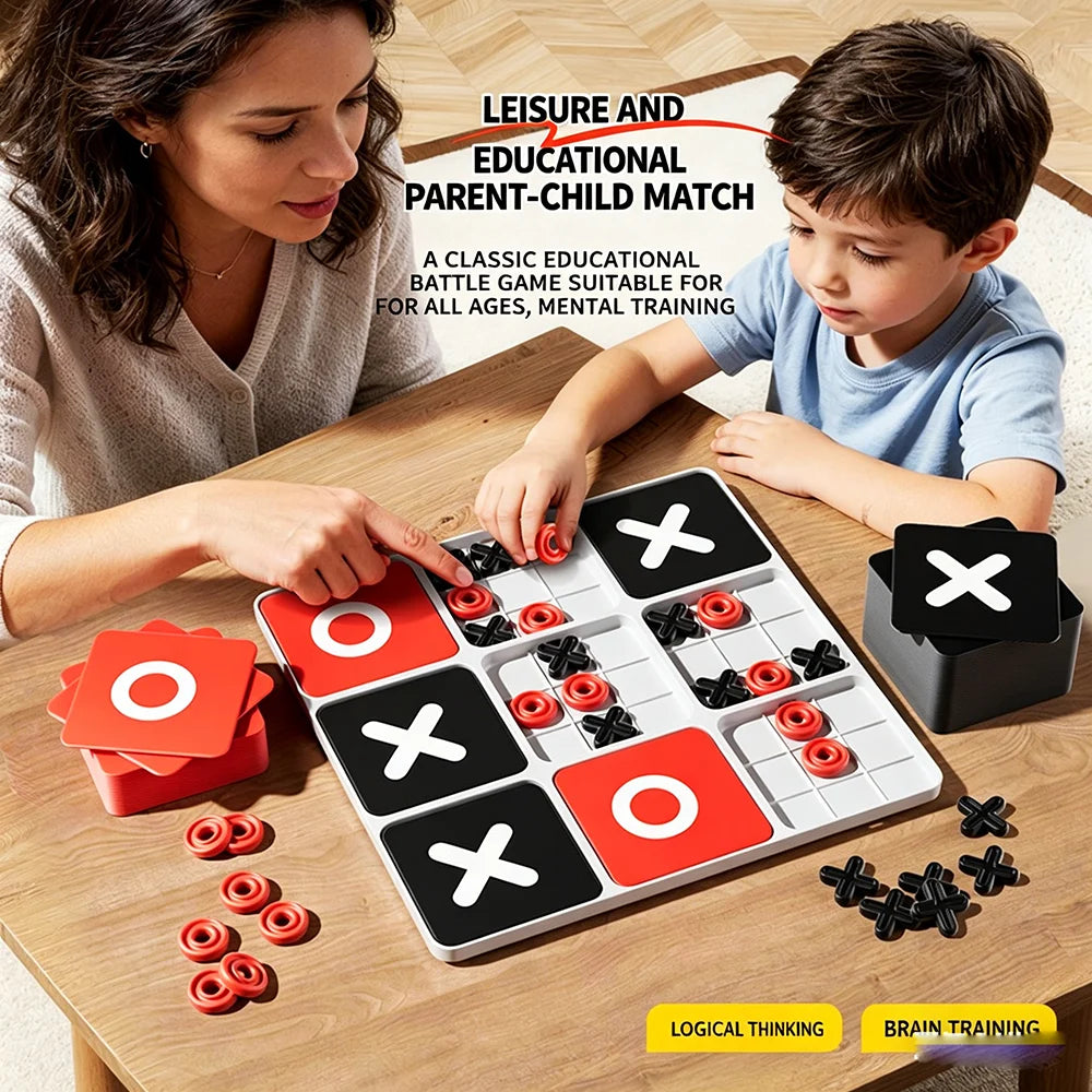 A family playing a red and black Tic Tac Toe battle game on a wooden table with pieces scattered around.