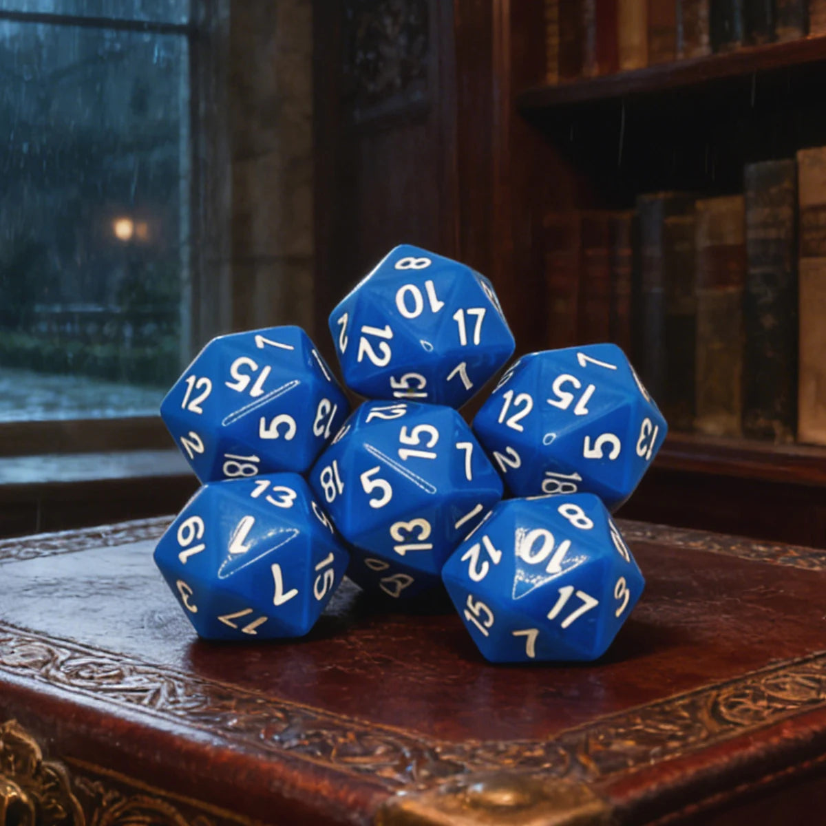 A pile of blue twenty-sided dice resting on a dark wooden surface near a window.