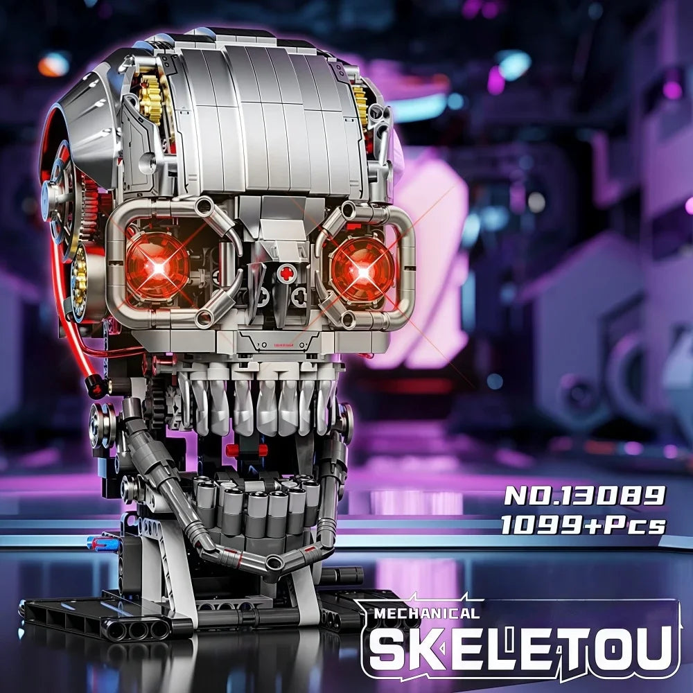 A detailed mechanical skeleton head building kit with LED lights displayed on a dark surface.