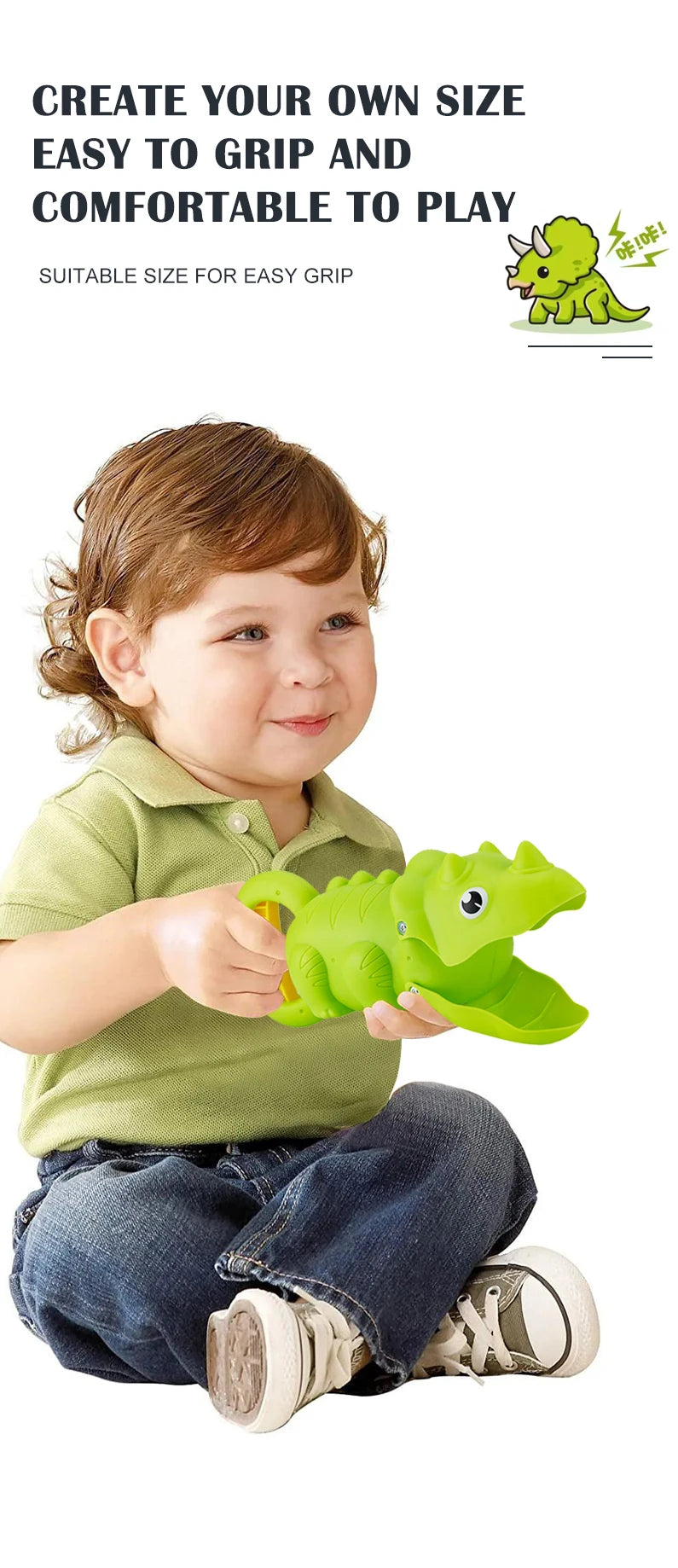 A toddler holds a green plastic dinosaur toy, demonstrating its size and grip for play.
