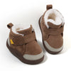 A pair of brown plush-lined winter boots for toddlers, shown from the side.