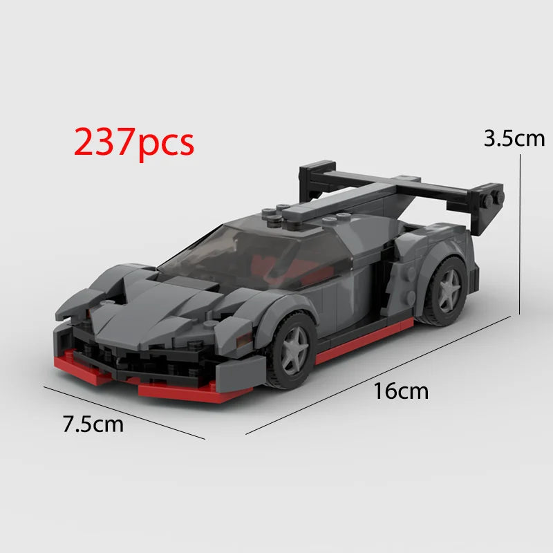 A gray and red classic supercar model built from 237 plastic building blocks.