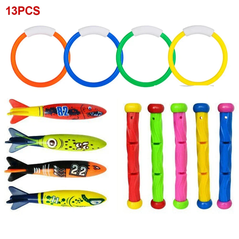 A set of 13 colorful diving toys including rings and fish shapes for swimming pool games