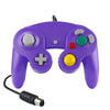 A purple wired game controller for the Nintendo GameCube console.