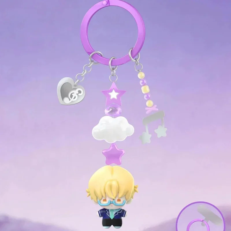 A purple necklace with charms hangs above a figure of an anime character.