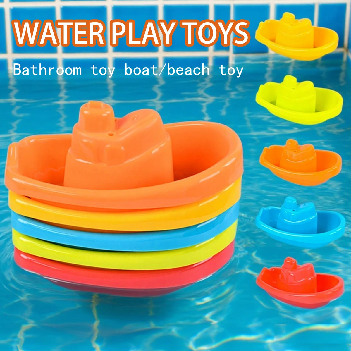 A set of colorful plastic bath toys including a boat and beach toy floating in blue water.