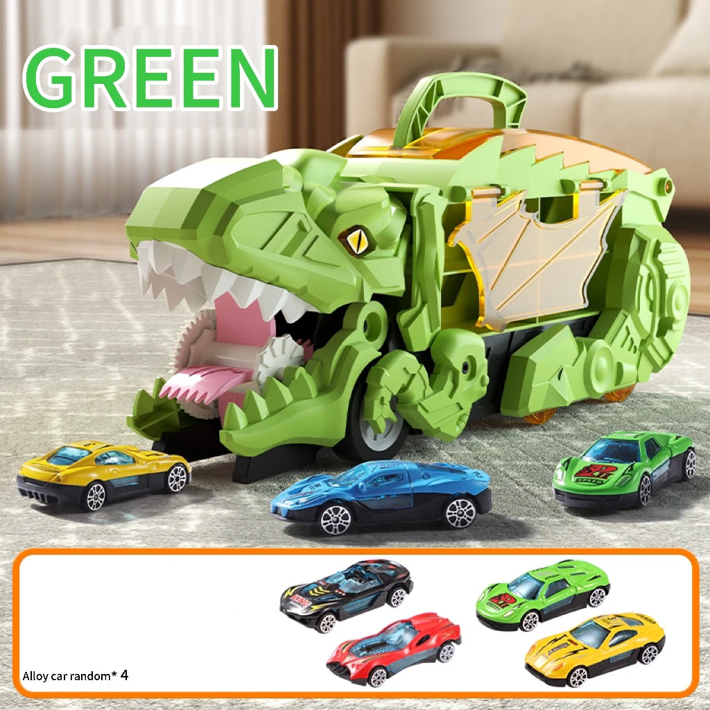 Green dinosaur toy car eating a yellow car, with various colored cars displayed below.
