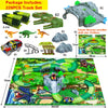 A set of 228 pieces of dinosaur track set including dinosaurs, a race car, and various terrain pieces for building a dinosaur