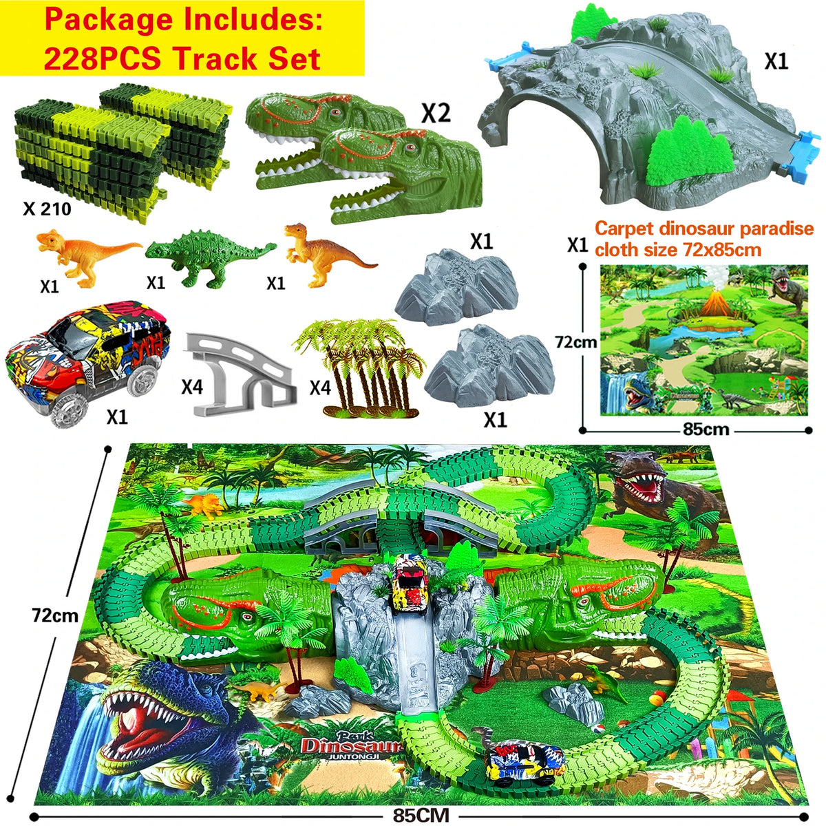 A set of 228 pieces of dinosaur track set including dinosaurs, a race car, and various terrain pieces for building a dinosaur