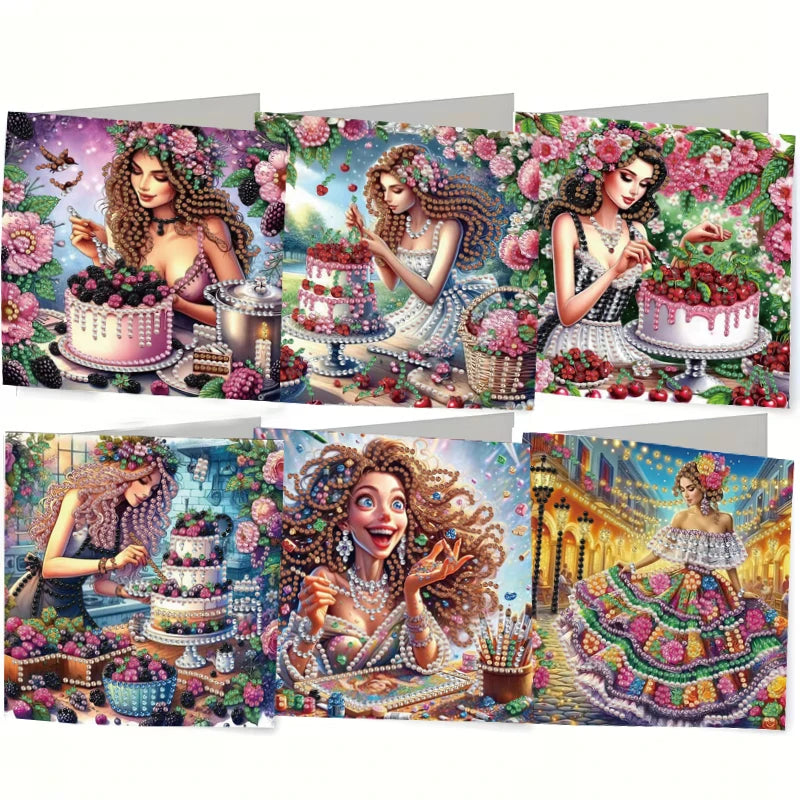A set of diamond painting cards featuring floral and bird designs for a birthday card.