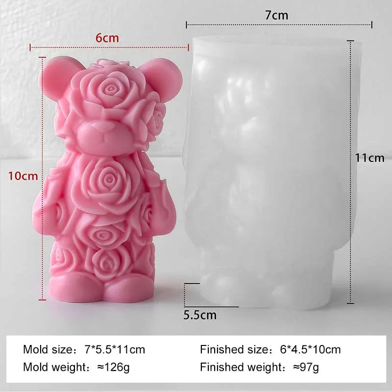 A pink silicone mold shaped like a rose bear for making candles and DIY crafts.