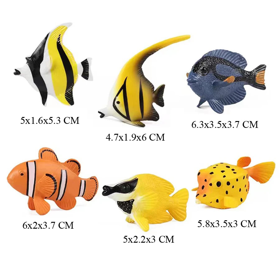 A set of five realistic mini ocean animal figurines including a striped whale, a yellow shark, a blue dolphin, a turtle, and 