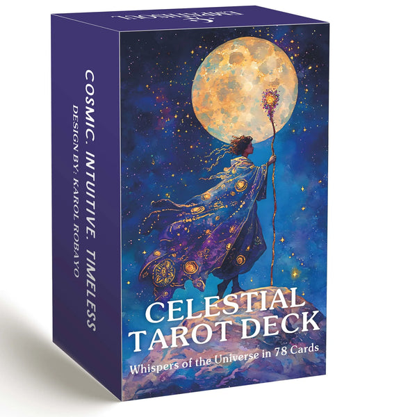 Eine Schachtel des Celestial Tarot-Decks mit einem großen Mond und Sternenhintergrund.