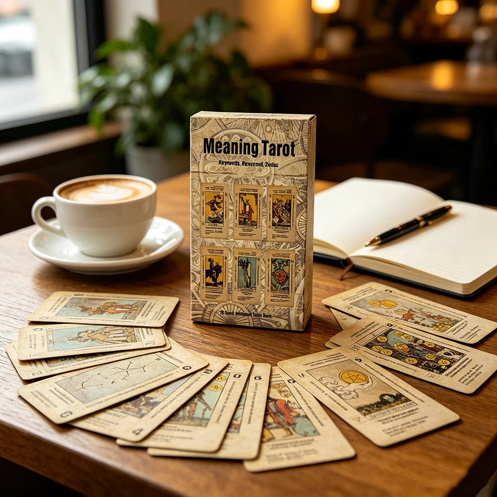 A wooden table displays a deck of tarot cards, an open book, and a cup of coffee.