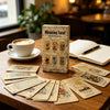 A wooden table displays a deck of tarot cards, an open book, and a cup of coffee.