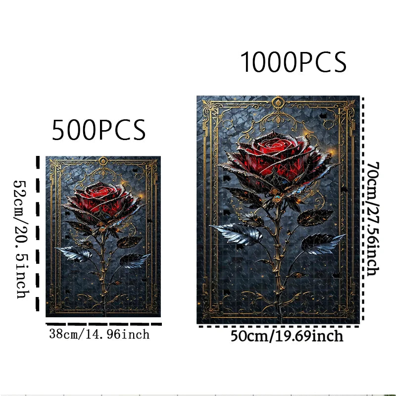 A detailed jigsaw puzzle featuring a red rose design, available in 500 or 1000 pieces.