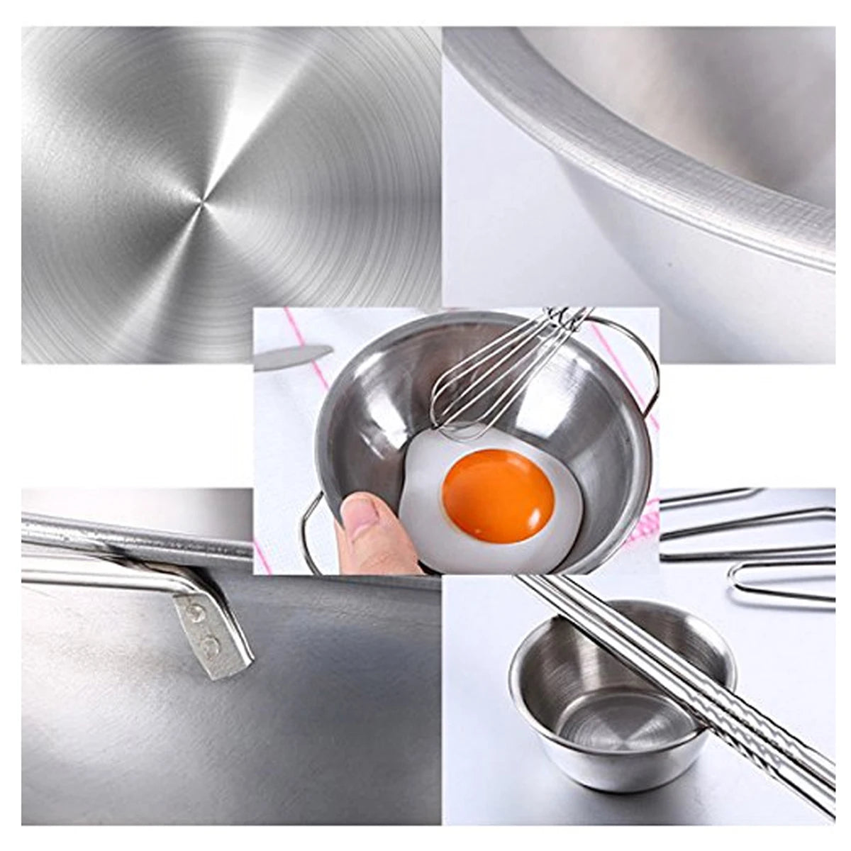 A collection of stainless steel cookware and utensils, including a large pot, bowls, and various tools for a play kitchen set