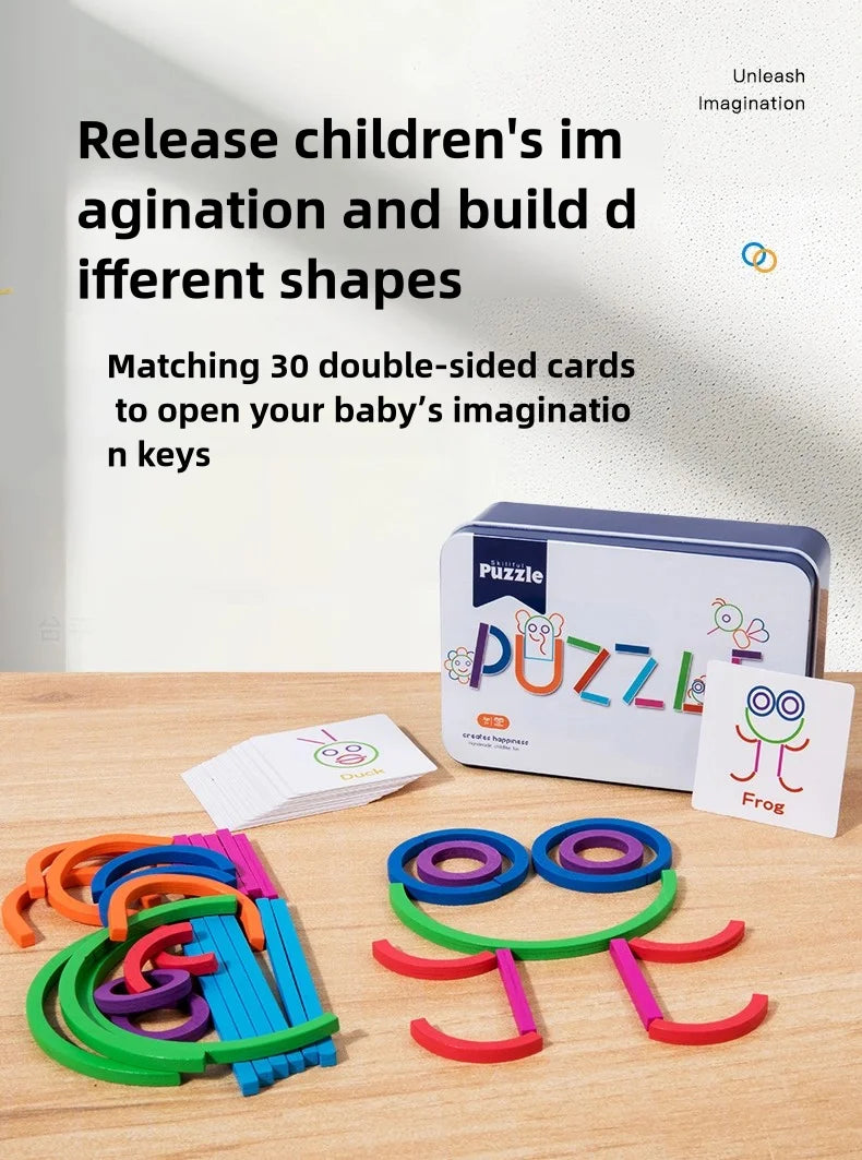 A set of colorful wooden double-sided cards and puzzle pieces for children's imagination and shape building.