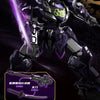 A detailed model kit of an armored figure with purple accents and a glowing sword, displayed against a dark, starry backgroun