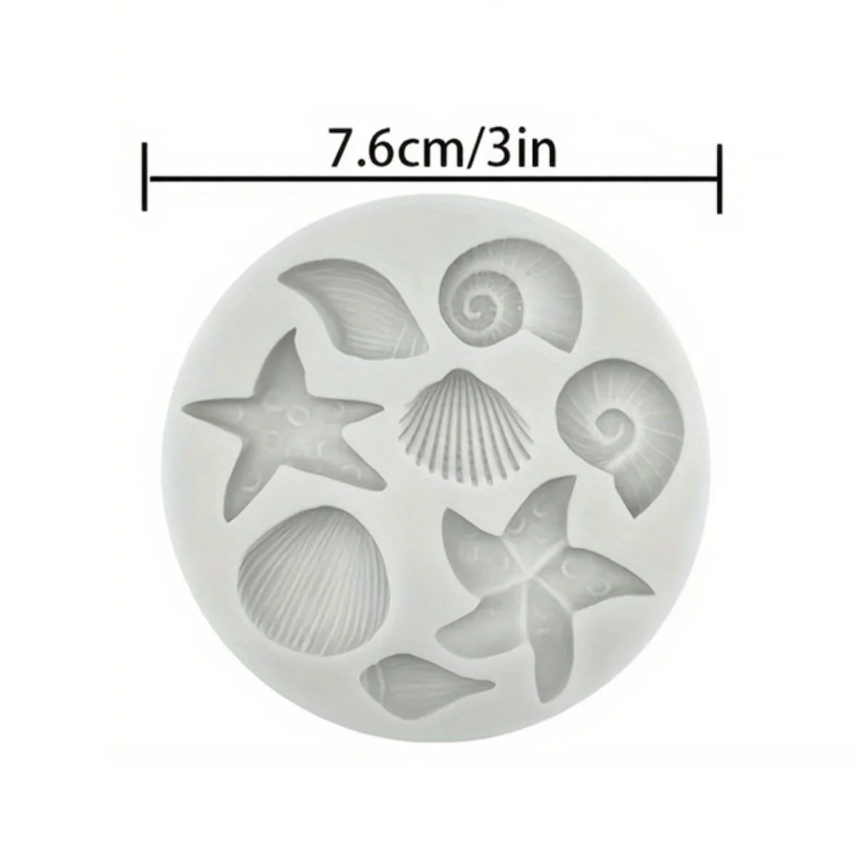 A silicone baking mold set featuring various sea creatures like a starfish, shell, and spiral shapes.