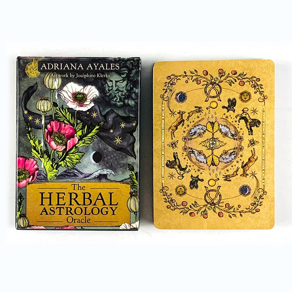 A set of two square oracle cards featuring botanical and astrological illustrations for herbal astrology.