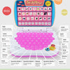 A colorful kids learning laptop toy featuring alphabet letters numbers and musical notes for educational play