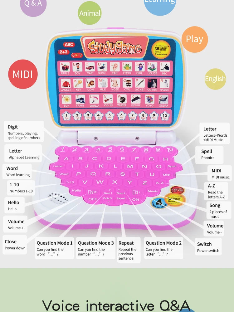A colorful kids learning laptop toy featuring alphabet letters numbers and musical notes for educational play