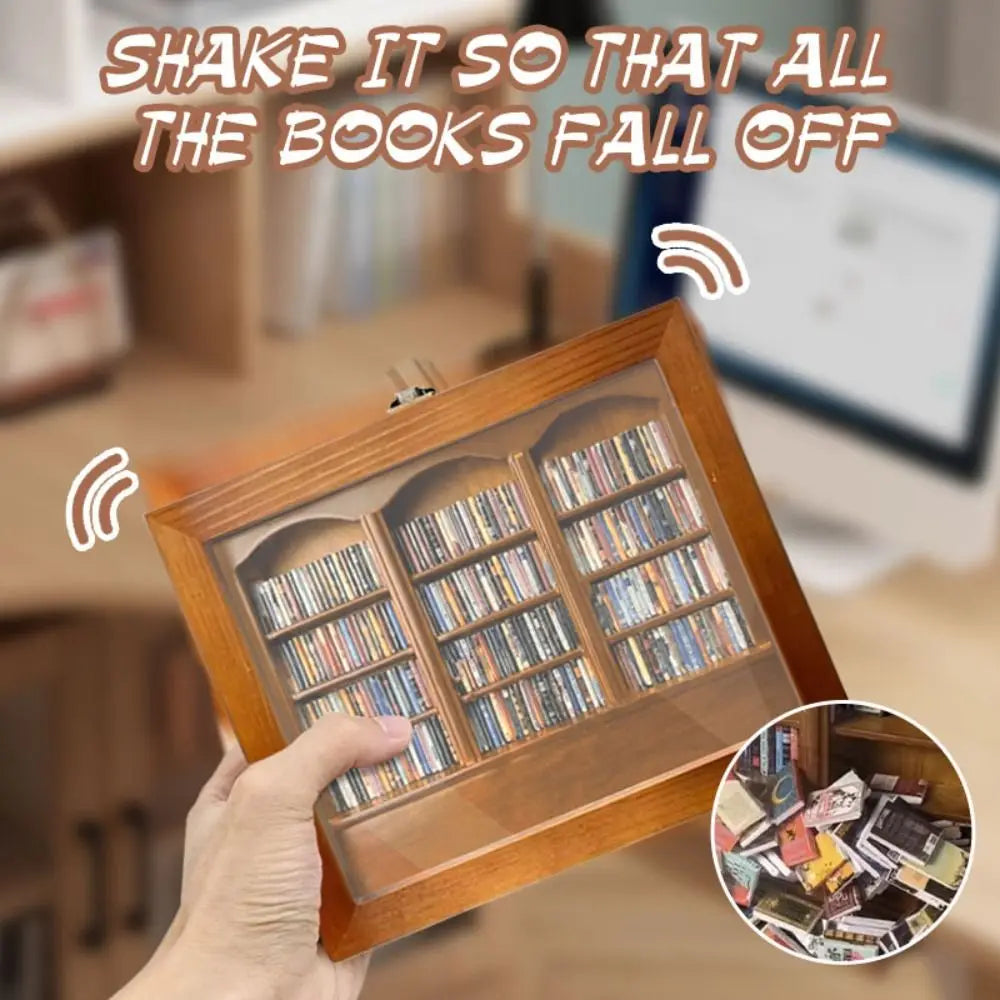 A wooden bookshelf decor featuring mini fidget shelves with various books, shown from above.