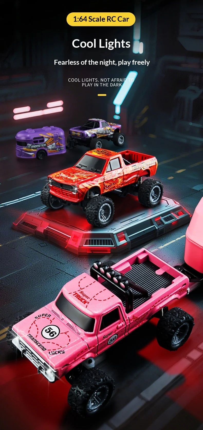 A red 1:64 scale RC monster truck with LED lights is shown on a dark surface.