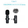 A black wireless lavalier microphone and a fuzzy microphone cover are shown for iPhone X series compatibility.