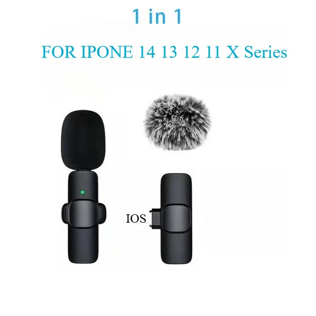 A black wireless lavalier microphone and a fuzzy microphone cover are shown for iPhone X series compatibility.